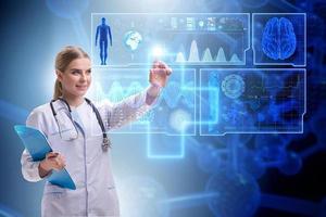 Medicine doctor and stethoscope in hand touching icon medical network connection with modern virtual screen interface, medical technology network concept and two doctor photo