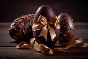 chocolate easter eggs filled with colorful candy. photo