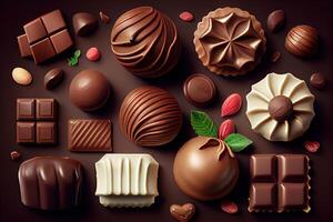 dark chocolate background, sweet bar and candy. photo