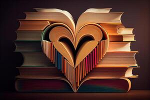 Heart made of books on white wooden rustic space. photo