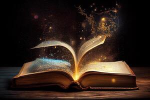 Magical image of open antique book over wooden table with glitter overlay. photo