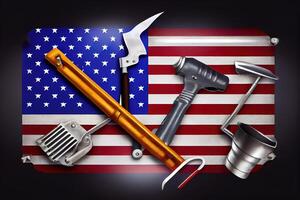 Happy labor day, Construction and manufacturing tools with patriotic US, USA. photo