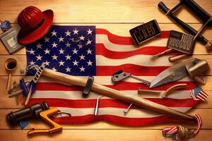 Labor Day, USA America flag with many handy tools on wooden background. photo