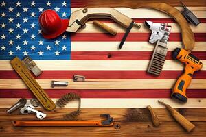 Labor day, usa america flag with many handy tools on wooden. photo