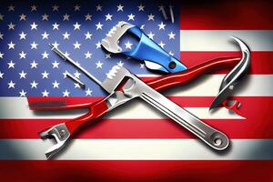 Happy labor day american flag and pliers tools. photo