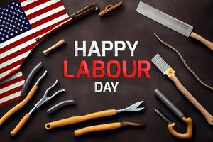 Happy labor day, Top view design concept of american labor day with working tools. photo