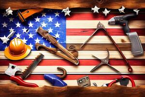 Labor day, usa america flag with many handy tools on wooden background. photo