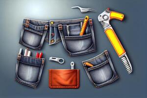Happy labor day, Tools and instruments in blue jeans pocket. photo