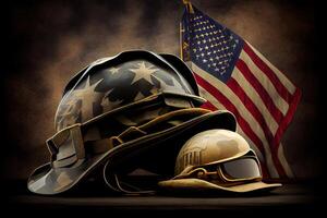 Happy labor day, Military helmets and american flag on veterans . photo