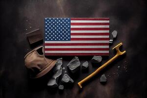 Happy labor day concept american flag with different construction tools. photo