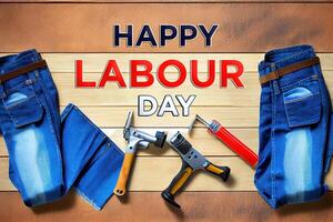 Top view design concept of labor day with working tools and jeans. photo
