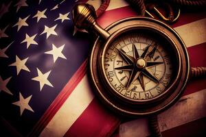 Compass and ship on usa flag close up. top view. Happy Labor Day. photo