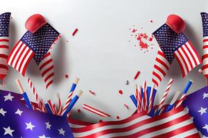 Happy Labor Day. Independence day USA banner mockup with American flags, drinking straws. photo