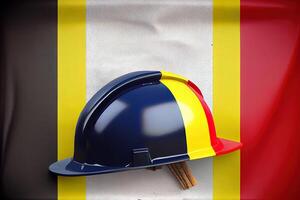 Happy Labor Day. Construction tools and hardhat on flag of Belgium. photo