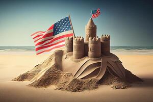 Happy Labor Day. Sand castle with American flag on beach. photo