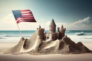 Happy Labor Day. Sand castle with American flag on beach. photo