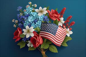 Happy Labor day. Beautiful bouquet with american flag on blue background. photo