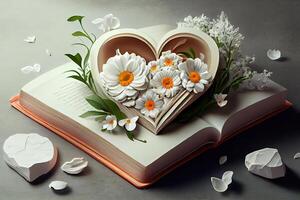 Heart from pages of the book and white flowers on marble table. photo