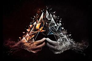 Hand united together form lines, triangles and particle style design. photo