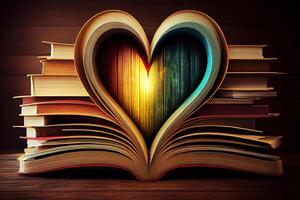 Heart shape stacked of books on wooden background. photo