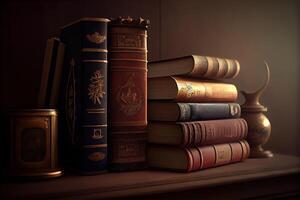 Old library or bookshop with many books on shelves. photo