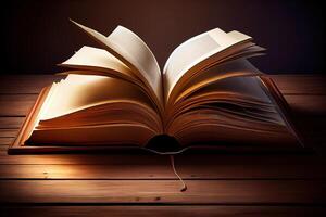 Open book, hardback books on wooden table. Back to school. photo