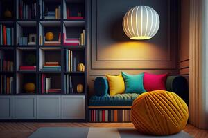 Interior of modern room with bookcase, pouf and lamp. photo