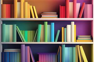 3d illustration of White bookshelves with various colorful books. photo