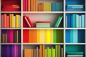 3d illustration of White bookshelves with various colorful books. photo