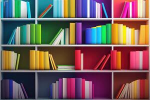 diferente colores libros en estante para libros. generativo ai foto