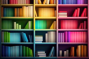 Different colours books on Bookshelf. photo