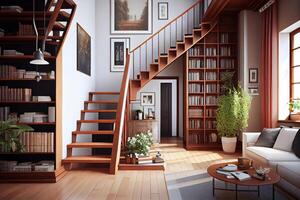 Red Living room with wooden staircase and bookcase. photo