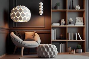 White bedroom with bookcase. photo