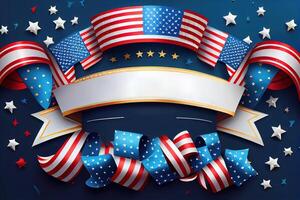 Happy labor day, American flags and confetti stars on blue background. photo