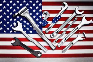 Happy labor day,Top view of flat lay of different kinds wrenches with american flag. photo