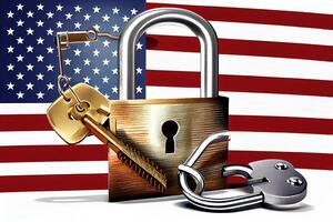 Happy labor day, Usa flag and padlock with keys. photo