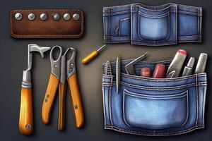 Happy labor day, Set of home tools for repair works in jeans pockets. photo