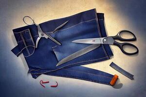 Happy labor day, High angle jeans pieces and scissors. photo