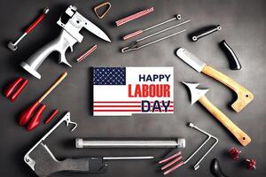 Top view design concept of american labor day with working tools. photo