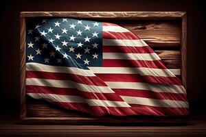 Labor Day, American flag sideways on empty wooden background. photo