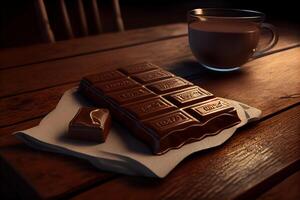 Dark and milk chocolate bar on a wooden table. photo