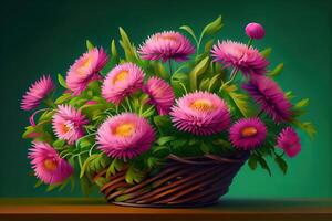 Pink aster flowers in basket on green background. photo