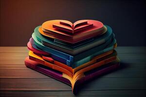 Stack of books in the colored cover in the shape of a heart. photo