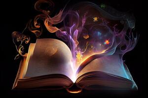 Bewitched Book With Magic Glows In The Darkness. photo