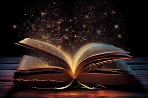 Magical image of open antique book over wooden table with glitter overlay. photo