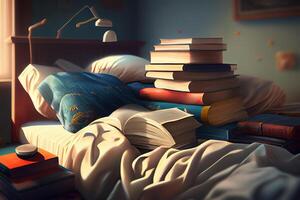 hermosa adolescente niña leyendo un libro en el habitación. generativo ai foto