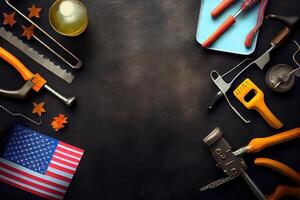 Happy labor day, Top view international worker's day with engineer tools. photo