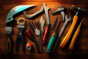 Happy labor day, Tools group different job on rustic wooden table, colorful. photo