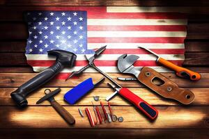 Happy labor day, American flag and tools near the helmet labor day concept. photo