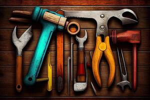 Happy labor day, Tools and instruments in belt on black background. photo